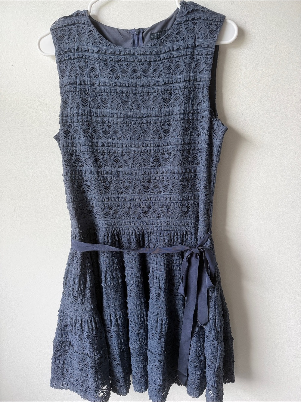 Zara Navy Sleeveless Lace Skater Dress with Ribbon Waist Size L